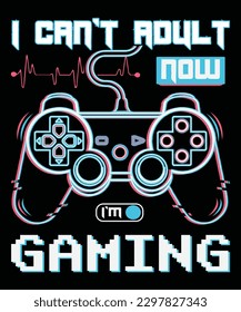 I Cant Adult I'm Gaming t-shirt, design, and apparel trendy design with palm tree silhouettes, typography, print, and joystick gamepad illustration.
