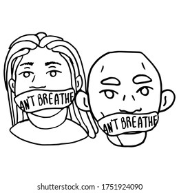 I can't breathe text on white isolated backdrop. Woman and man blm protesters for invitation card, social banner, news blog, flyer. Phone case or cloth print. Doodle style stock vector illustration