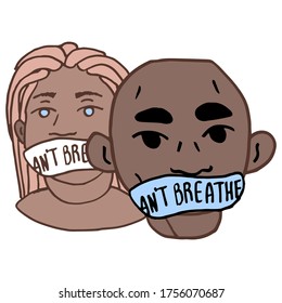 I can't breathe text on white isolated backdrop. Woman and man blm activists for invitation card, social banner, news blog, flyer. Phone case or cloth print. Doodle style stock vector illustration