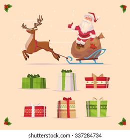 Canta claus and christmas gifts set  on yellow background. Christmas card poster banner. Vector illustration. Happy new year and Merry Christmas.