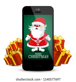 Canta Claus on Mobile Phone with Red Gift Boxes on Background. Vector Greeting Card Electronic Message Concept.