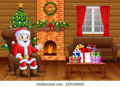 Canta claus sitting in sofa near decorated pine tree