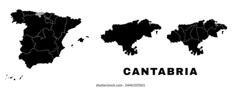 Mapa de Cantabria, comunidad autónoma en España. División administrativa española, comarcas, comarcas y municipios.