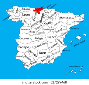 Cantabria map silhouette vector. Spain province. Spain with separated regions isolated on background. Spain autonomy areas map. Editable vector map of Spain.