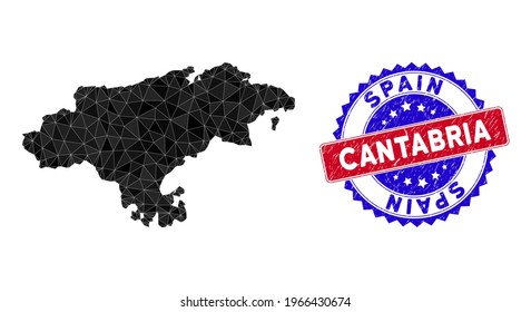 Cantabria Province map polygonal mesh with filled triangles, and rubber bicolor stamp seal. Triangle mosaic Cantabria Province map with mesh vector model, triangles have various sizes, and positions,