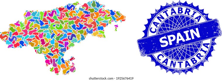 Cantabria Province map template. Spot collage and grunge seal for Cantabria Province map. Sharp rosette blue stamp seal with caption for Cantabria Province map.
