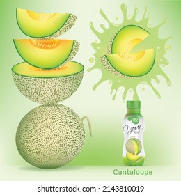 Cantaloupe   bottle design with cantaloupe juice splashes.illustration vector