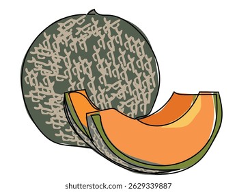 Cantaloupe está em uma linha contínua e desenhado em um fundo branco.