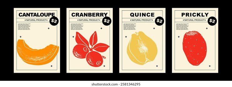 Cantaloupe, cranberry, quince, prickly. Set of posters of fruits and citrus in a abstract draw design. Simple, flat design. Patterns and backgrounds. Perfect for poster, cover, banner.