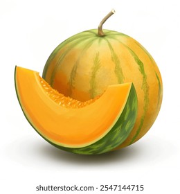 Fruta de Cantaloupe. Frutas frescas e saudáveis. Ilustração vetorial em branco de fundo.