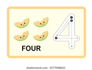 Cantaloupe Fruit Printable Number, Tracing Guide Flashcards