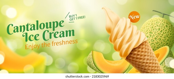 Cantaloupe ice cream ad template. 3D Illustration of orange melon fruit flavor ice cream cone on green bokeh background