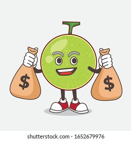 Cantaloupe Melon cartoon mascot character holding money bags