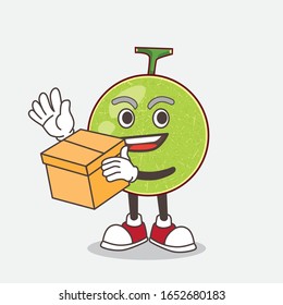 Cantaloupe Melon cartoon mascot character holding a box