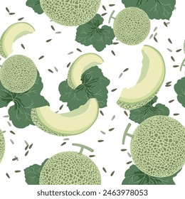 Cantaloupe melon cut in half, whol, leaves, and slices with seeds on the background, seamless pattern. Repetitive illustration of summer autumn fruits.