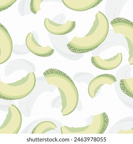 Cantaloupe melon cut in half, whol, leaves, and slices with seeds on the background, seamless pattern. Repetitive illustration of summer autumn fruits.