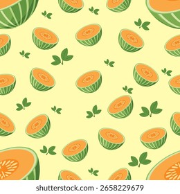 Cantaloupe Melon Pattern: fatias frescas e frutos inteiros sobre fundo amarelo claro.