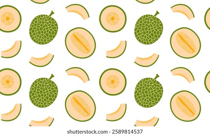 Cantaloupe melon seamless pattern. Summer fruits background design. Collection of organic vitamins and healthy nutrition. Flat Vector illustration