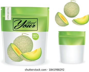 Cantaloupe packaging.Plastic packaging contains dried fruits for design.