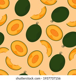 Cantaloupe vector hand-drawn slices and halves on a light beige peach background. Colorful juicy summer tropical vector pattern. Melon seamless pattern