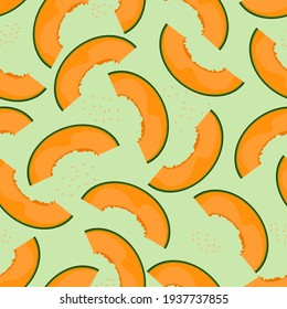 Cantaloupe vector hand-drawn slices and seeds on a light green background. Colorful juicy summer tropical vector pattern. Melon seamless pattern