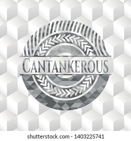 Cantankerous grey badge with geometric cube white background