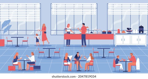 Canteen cafe composition with indoor interior of food court place with counters and visitors at tables vector illustration