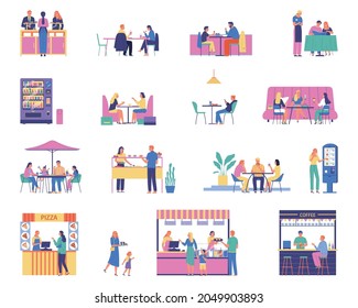 Canteen color set of isolated food court tables market stalls and characters of workers and guests vector illustration