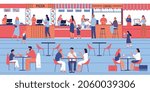Canteen composition with view of eating people sitting at food court tables with counters and workers vector illustration