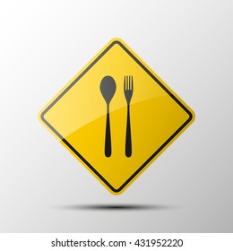 Canteen icon. dining room badge. buffet icon. Here you can eat picture. Fast food restaurant badge. yellow road sign with a border and an image fork with spoon on white background. Vector Illustration