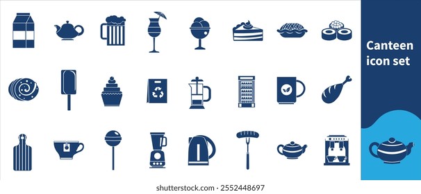 Canteen icon set, fish, location, travel, lunch, dinner, fast food, snack, cutlery, food court, plate, cafeteria, building, serving, silverware, drink, spoon, eating, vector illustration.