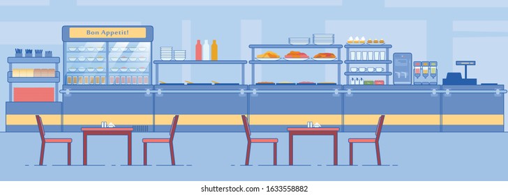 Canteen Interior. Empty Dining Room, Counter with Food Beverage, Tables, Chairs Vector Illustration. Lunchroom Dining Hall in School College Hospital. Cafeteria Cafe Buffet Business