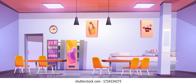 Canteen interior in school, college or office. Vector cartoon illustration of cafeteria, dining room in university, cafe with tables and chairs, counter bar and vending machines with food and drink