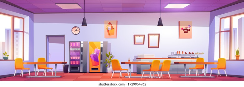 Canteen interior in school, college or office. Vector cartoon illustration of cafeteria, dining room in university, cafe with tables and chairs, counter bar, vending machines, menu on wall and windows