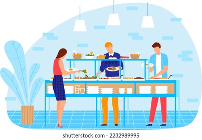 Canteen lunch food for people character, vector illustration. Cafe business interior, woman man take meal, drink at dining counter.