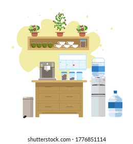 Canteen in the office. Small kitchen. Shelf with plants and mugs, coffee machine, cookie jars, trash can, table. Water cooler and bottled water.