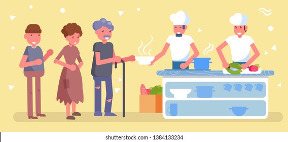 Canteen for the poor, homeless, charity Vector. Cartoon. Isolated art Distribution of food to the poor
