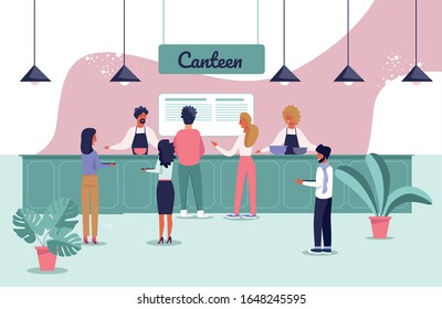 Canteen and Self Catering. People Characters Stand in Queue at Counter. Staff Give out Food. Office, Factory or Educational Institution Catering Place for Workers or Students. Vector Flat Illustration