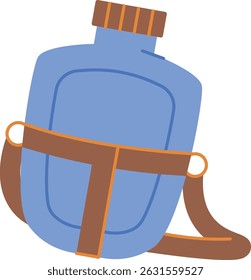 A canteen with a strap depicted in a clean, minimalist style. The illustration shows a portable water container secured with a belt. Cartoon vector illustration.