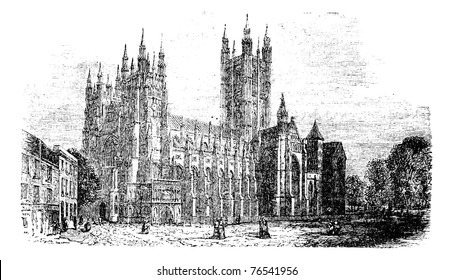 Canterbury Cathedral, Kent,England vintage engraving.Old engraved illustration of of a street scene view of the Cathedral of Canterbury in the 1890s. Trousset Encyclopedia