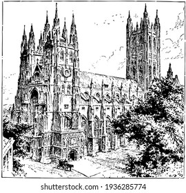 Catedral de Canterbury, ilustración vintage. 