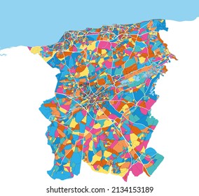 Canterbury, South East England, England colorful high resolution vector art map with city boundaries. White outlines for main roads. Many details. Blue shapes for water. 