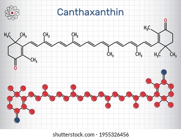 Canthaxantina, molécula. Es carotenona, keto-carotenoide, terpenoide, pigmento biológico, colorante alimentario E161g, metabolito fúngico. Hoja de papel en una jaula. Ilustración del vector