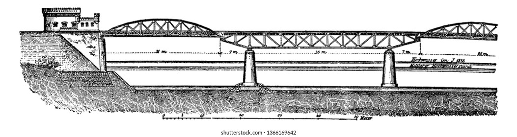 El Puente Cantipalanca es un puente construido con estructuras de candelabros que se proyectan horizontalmente en el espacio soportado en un solo extremo, dibujo vintage o ilustración grabadora.
