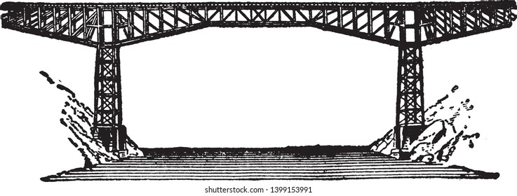 Cantipalanca es un puente construido con estructuras de candelabros que se proyectan horizontalmente en el espacio soportado en un solo extremo, dibujo vintage o ilustración grabadora.