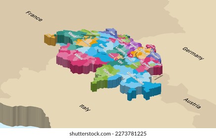 Cantons of Switzerland isometric colorful detailed vector map with neighbouring countries