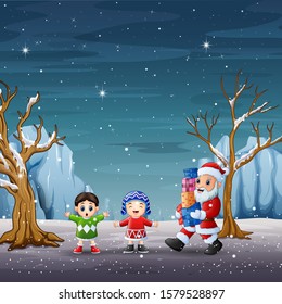 Cantoon santa claus gives gifts for children