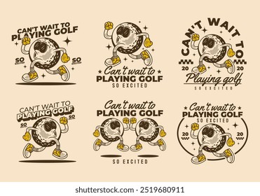 Mal posso esperar para jogar golfe. Ilustração de personagem retro da bola de golfe em pose de corrida