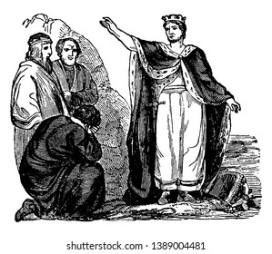 Canute and followers, Canute was the king of Denmark, England and Norway, vintage line drawing or engraving illustration