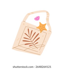 Canva, tote ou saco ecológico para viagens de verão. Bolsa padronizada com concha e estrela do mar. Acessório de praia, comprador têxtil para resort marítimo na costa. Ilustração de vetor isolado plano sobre fundo branco